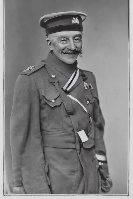 Prompt: official Portrait of a smiling WWI admiral, male, cheerful, happy, detailed face, 20th century, highly detailed, cinematic lighting, photograph, black and white