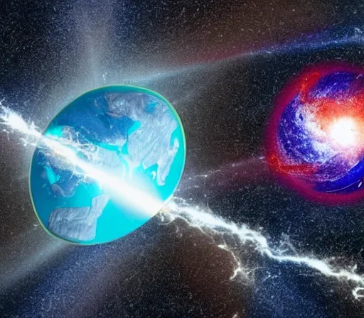 Prompt: A cosmic collision destroys the planet Earth, the shockwave sends rubble and meteorites streaking through the unforgiving void