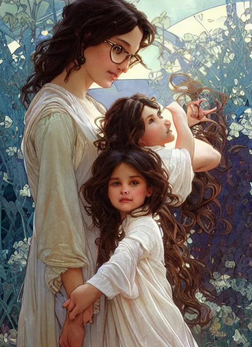 Prompt: a mother with straight brown hair and glasses holding her daughter with curly brown hair, beautiful painting by artgerm and greg rutkowski and alphonse mucha