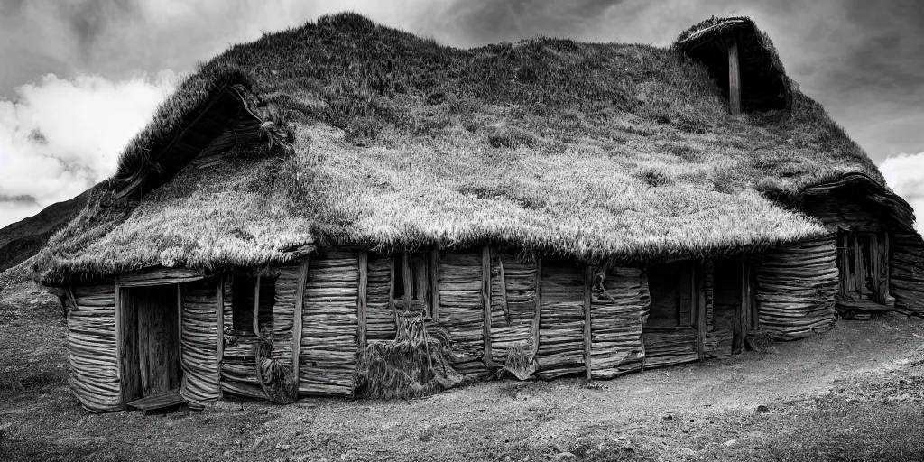 Image similar to photography of an old alpine hut, hay monster crawling out the door, alp, dolomites, alpine, detailed intricate insanely detailed octane render, 8k artistic 1920s photography, photorealistic, black and white, chiaroscuro, hd, by David Cronenberg, Raphael, Caravaggio