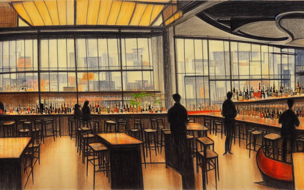 Image similar to feng zhu drawing of loft lounge with tall windows, few people, city in background, bar counter with bartender and few chairs nearby, sparse plants, dim painterly lighting volumetric aquatics, impasto