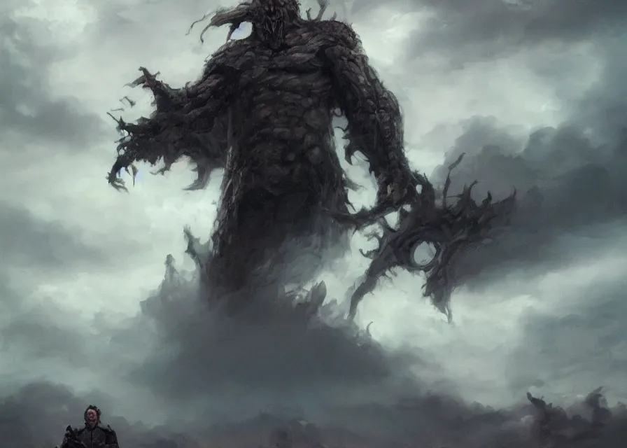 Prompt: large abstract painting of giant Joe Biden grinning evil emperor of the world emerging in dark clouds, cosmic horror, evil, dangerous, trending on ArtStation, masterpiece, by Greg Rutkowski, by Ross Tran, by Fenghua Zhong, octane, lightbeam eyes, soft render, clear facial features, oil on canvas, immense crowd of varied diverse people army, moody lighting, cinematic, professional environment concept art