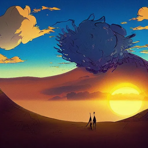 Image similar to sunset in the desert, fantasy art, illustration, animated film, by studio ghibli