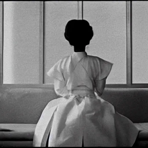 Image similar to a woman in a hanbok sitting on a couch, a starfish arm coming through the window, minimal cinematography by Akira Kurosawa, movie filmstill, 1950s film noir, thriller by Kim Jong-il and Shin Sang-ok, abstract occult epic composition