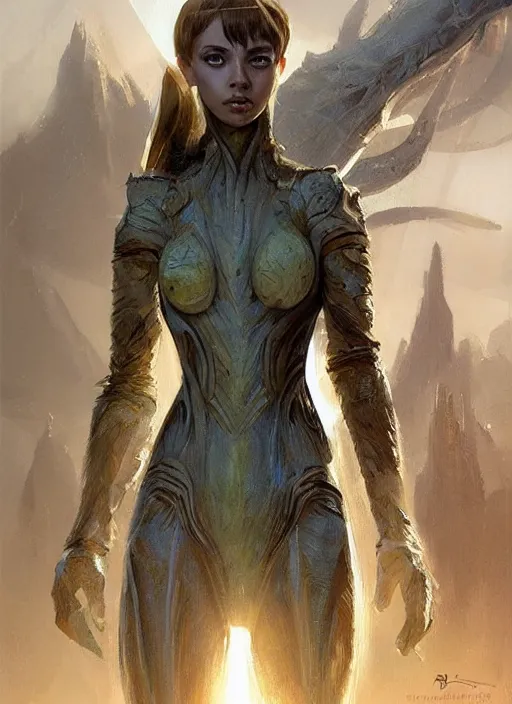 Image similar to a professional painting of a beautiful young female alien, clothed in ethereal armor, olive skin, long dark hair, beautiful bone structure, symmetrical facial features, intricate, elegant, digital painting, concept art, smooth, sharp focus, illustration, from Valerian and the City of a Thousand Planets, by Ruan Jia and Mandy Jurgens and Artgerm and William-Adolphe Bouguerea