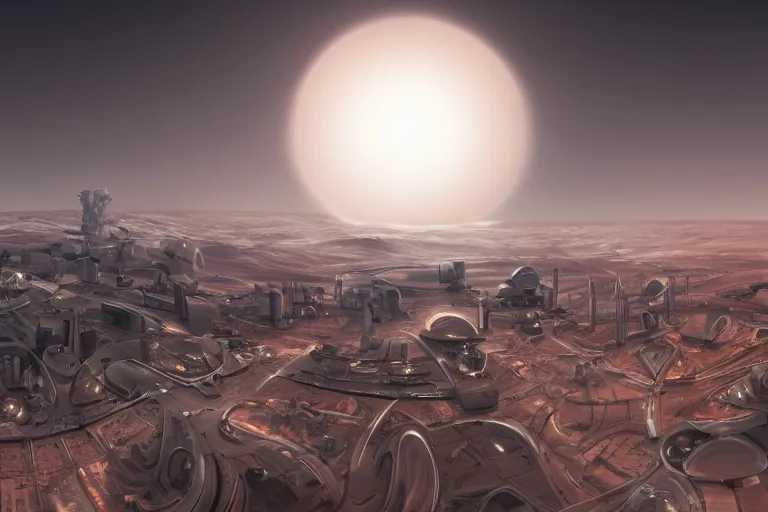 Prompt: Futuristic utopian city on Mars from a distance, wide angle shot