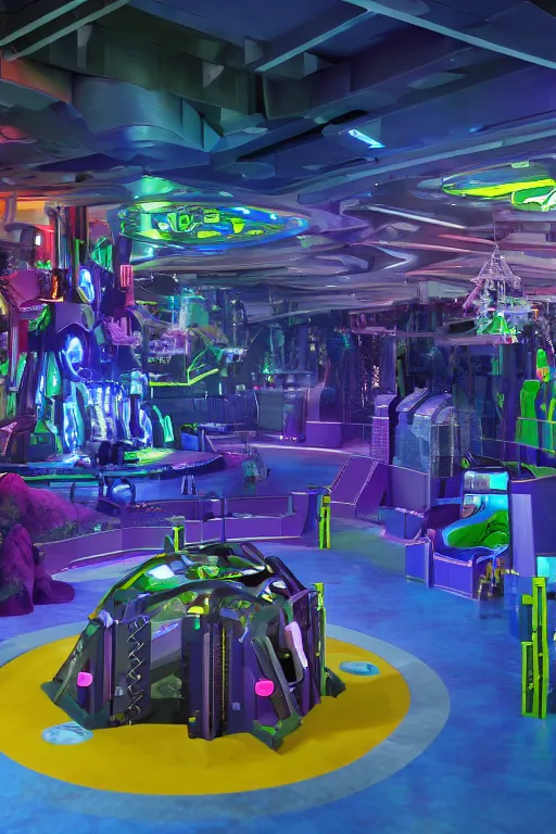 Prompt: Cybertron, the inside of a Discovery Zone soft play area for goth Decepticons, cinematography by Wes Anderson, 4k octane render, photorealistic , cinematic lighting, Artstation