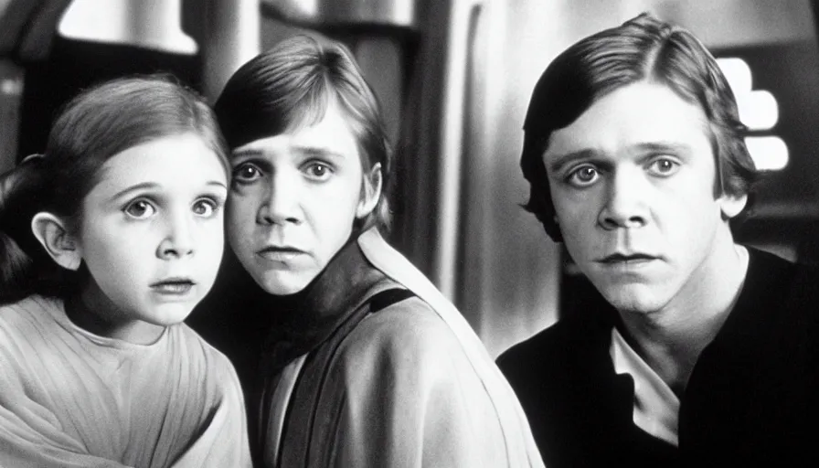 Image similar to film still of carrie fisher and mark hamill as children in new star wars movie, dramatic lighting, highly detailed face, kodak film, wide angle shot,