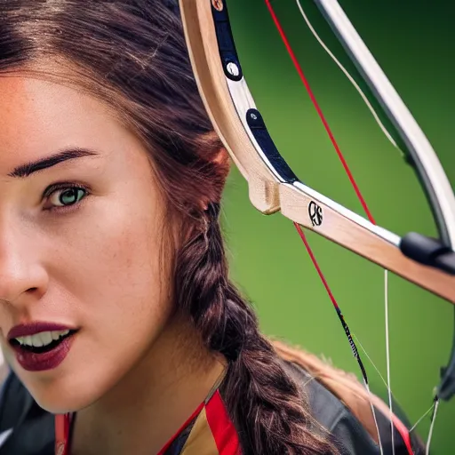 Image similar to photo realistic, consistent and highly detailed face, a attractive sports woman in archery, pointing his bow, uhd 8 k, highly detailed