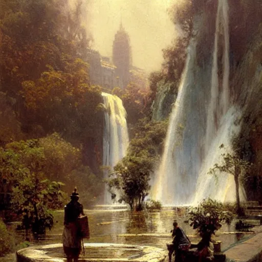 Image similar to waterfall flooding an entire city. victorian age. highly detailed painting by gaston bussiere, craig mullins, j. c. leyendecker