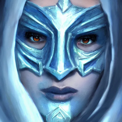 Image similar to bandit from ‘ icewind dale ’, with a frost blue gem mask lined with copper, ‘ icewind dale 2 ’ profile portrait by ‘ justin sweet ’, falling snow, soft focus, illustration, oil paint, artstation