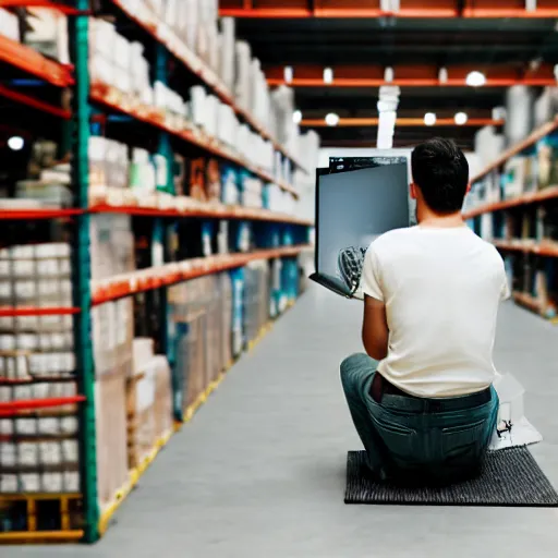 Image similar to a close up man using a laptop inside in warehouse, he sitting on chair and small table, polaroid photo, view from back