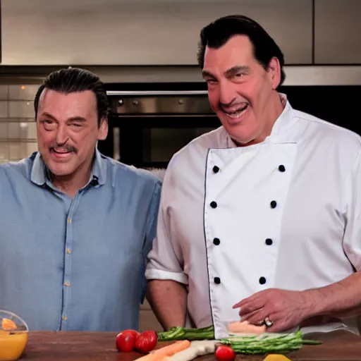 Image similar to john travolva and steven segal host a cooking show