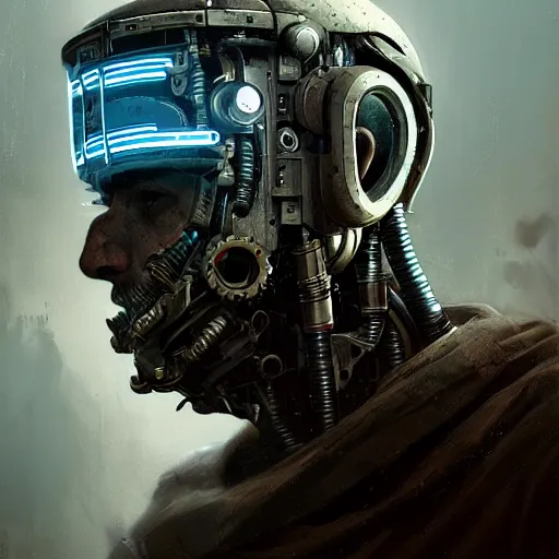 Prompt: a rugged social engineer man with cybernetic enhancements, detailed mask, scifi character portrait by greg rutkowski, esuthio, craig mullins, 1 / 4 headshot, cinematic lighting, dystopian scifi gear, gloomy, profile picture, mechanical, half robot, implants, steampunk, warm colors