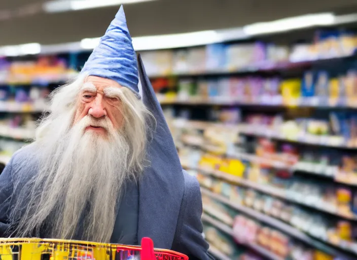 Image similar to photo of Gandalf wearing wizard hat, stacking supermarket shelves, depressing, sad, 85mm f1.8