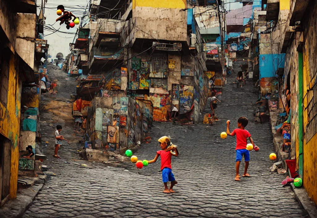 Image similar to photorealistic favela rocinha rio de janeiro with precise rendered alleys with intricate details of gun happy people in alley close view of kid playing with colorful ball and flying kit by Justin Gerard