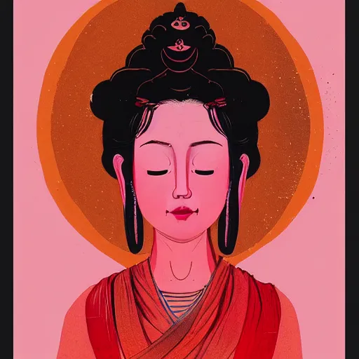 Prompt: contented female bodhisattva, praying meditating, portrait by Conrad Roset