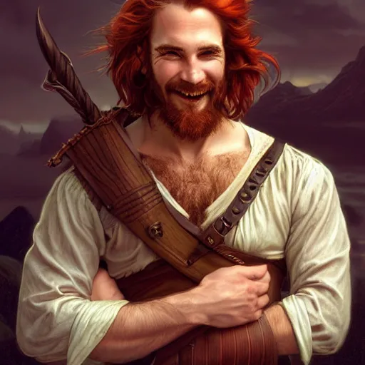 Image similar to portrait of a young ruggedly handsome but joyful pirate, male, masculine, upper body, red hair, long hair, d & d, fantasy, giddy smirk, intricate, elegant, highly detailed, digital painting, artstation, concept art, matte, sharp focus, illustration, crimson hair, art by artgerm and greg rutkowski and alphonse mucha