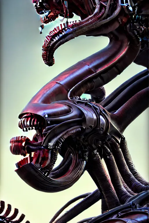 Image similar to highly detailed, industrial photography, profile view of adult xenomorph, long straight bangs, confident, illustration concept art by mark ryden, lostfish, detailed and intricate environment, 8 k resolution, hyperrealistic, octane render