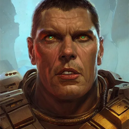 Image similar to the doomguy as a realistic fantasy d & d character, closeup portrait art by donato giancola and greg rutkowski, realistic face, digital art, trending on artstation