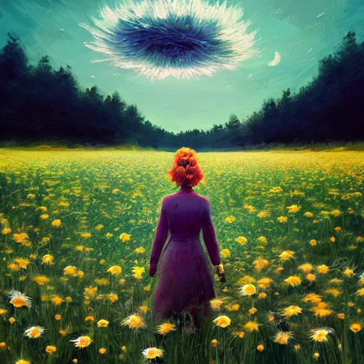 Image similar to giant daisy flower as a head, girl walking in flower field, surreal photography, night moon light, dramatic, impressionist painting, clouds, digital painting, artstation, simon stalenhag