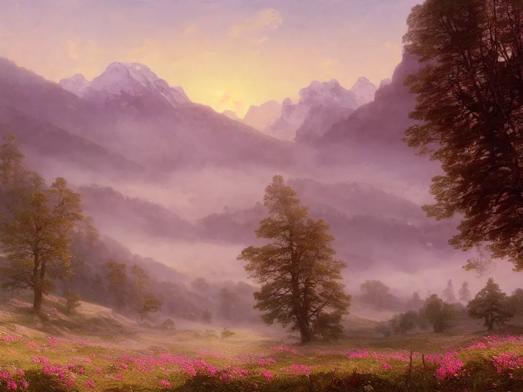 Image similar to epic landscape with rolling hills, groups of old trees with flower meadows in between in early morning light, small pink clouds in the sky and and misty mountains with snowy tops in the far background by alexandre calame and bob ross, godrays, velvia 5 0, large format camera, artstation, vray render