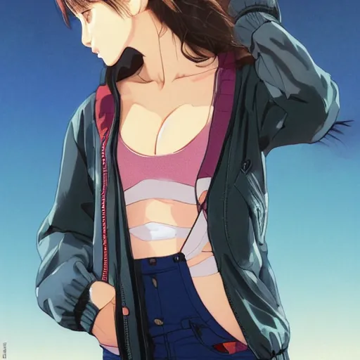 Image similar to a beautiful! boyish! natalie portman alluring gravure! model, wearing oversized mayan bomber jacket and leotard with overalls, bulky poofy bomber jacket with mayan patterns, gapmoe yandere grimdark, trending on pixiv fanbox, painted by greg rutkowski makoto shinkai takashi takeuchi studio ghibli, akihiko yoshida