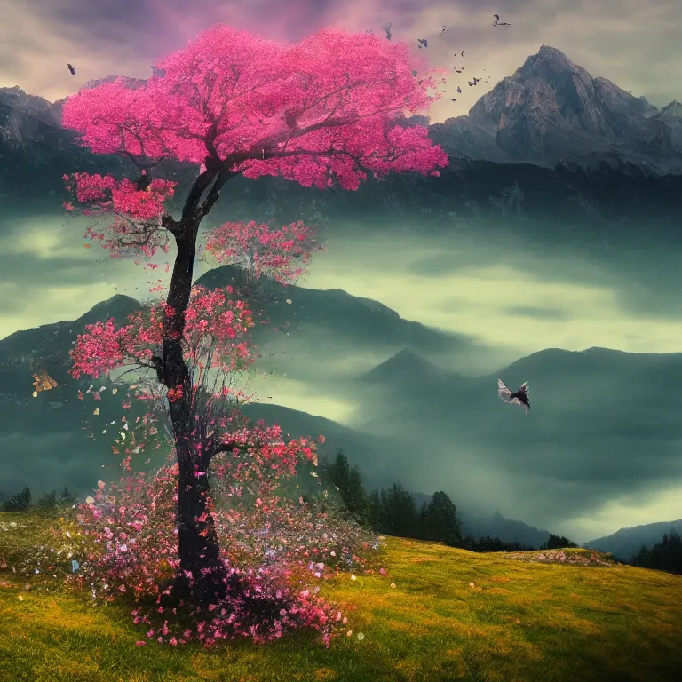 Prompt: a beautiful awesome artistic tree in the space with falling flowers like leaves and many birds, all in the amazing outdoors view, mountain in the background, lake, long exposure, 8 k resolution, trending on artstation