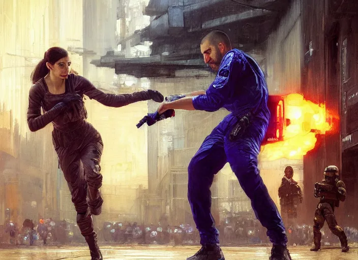 Prompt: Maria defeats sgt Nash. Cyberpunk hacker in orange jumpsuit fighting menacing police troopers (blade runner 2049). beautiful face. Orientalist portrait by john william waterhouse and James Gurney and Theodore Ralli and Nasreddine Dinet, oil on canvas. Cinematic, hyper realism, realistic proportions, dramatic lighting, high detail 4k
