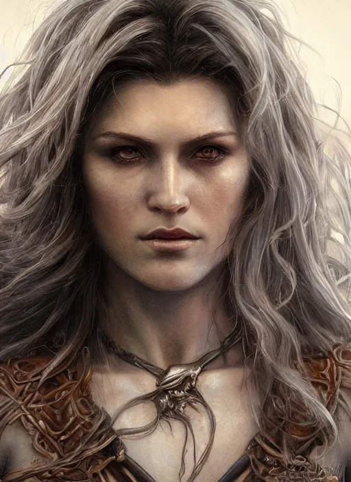 Prompt: close up portrait of a ruggedly handsome female witch, soft hair, muscular, half body, leather, hairy, d & d, fantasy, intricate, elegant, highly detailed, digital painting, artstation, concept art, smooth, sharp focus, illustration, art by artgerm and greg rutkowski and alphonse mucha