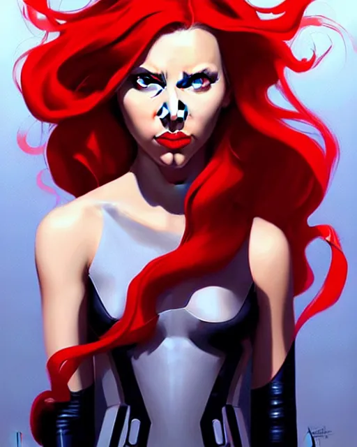 Image similar to peter mohrbacher, phil noto, artgerm, pretty scarlett johansson black widow, symmetrical eyes, long red hair