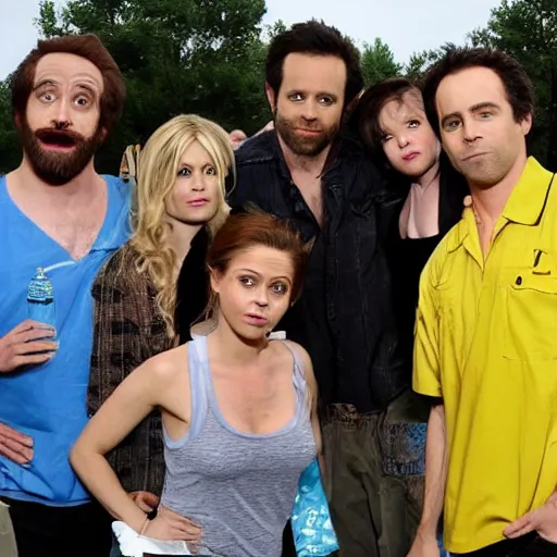 Prompt: the cast of its always sunny in philadelphia hanging out with the mcpoyles at a water park