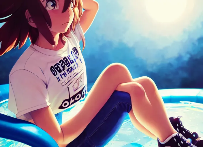 Image similar to closeup portrait of ochaco uraraka from my hero academia relaxing in jeans and a t - shirt on a floating pool chair, sunny, bright, reflections, intricate, sharp focus, lens flare, bloom, illustration, highly detailed, digital painting, concept art, matte, art by ruan jia and wlop and greg rutkowski, masterpiece