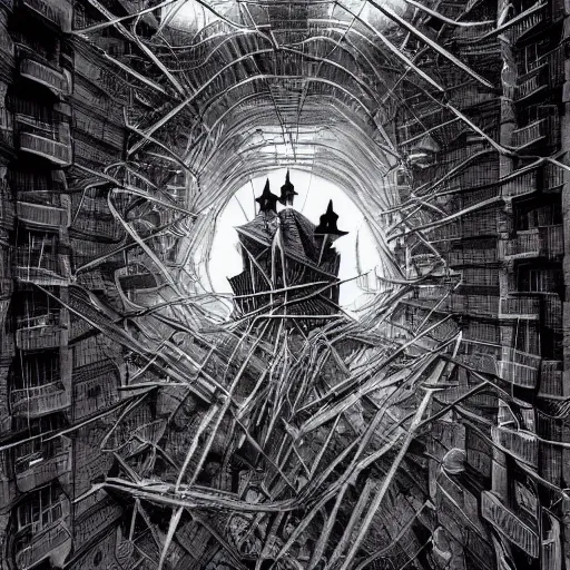 Image similar to crows at a architectural complex with an occult witch by Android Jones and M. C. Escher collaboration, futurist, digital art, dramatic lighting, symbolic