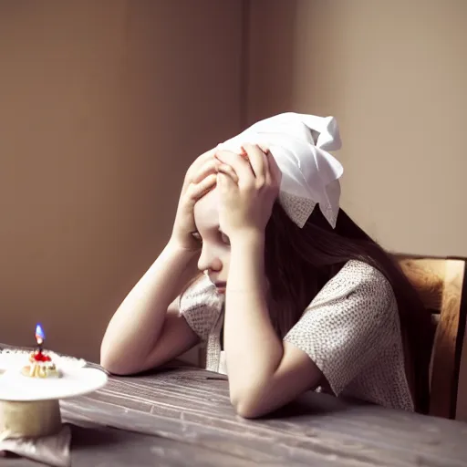 Image similar to a girl with a white headkerchief sitting alone on a birthday table looking sad