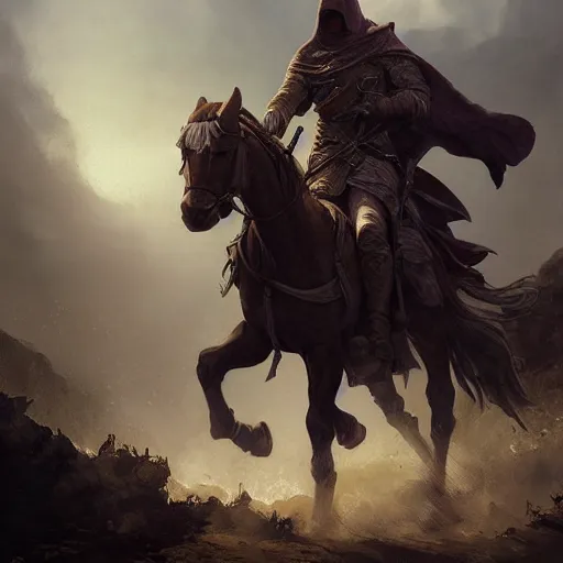 Image similar to epic portrait an hooded man riding a horse in a middle of an battlefield, explosions, dust, dirt, digital painting, artstation, concept art, soft light, hdri, smooth, sharp focus, illustration, fantasy, intricate, elegant, highly detailed, D&D, matte painting, in the style of Greg Rutkowski and Alphonse Mucha and artemisia, 8k, highly detailed, jurgens, rutkowski, bouguereau, pastoral, rustic, georgic, detailed concept art, illustration, colorful pastel, painting, detail, ultra detailed, digital art, 4K,