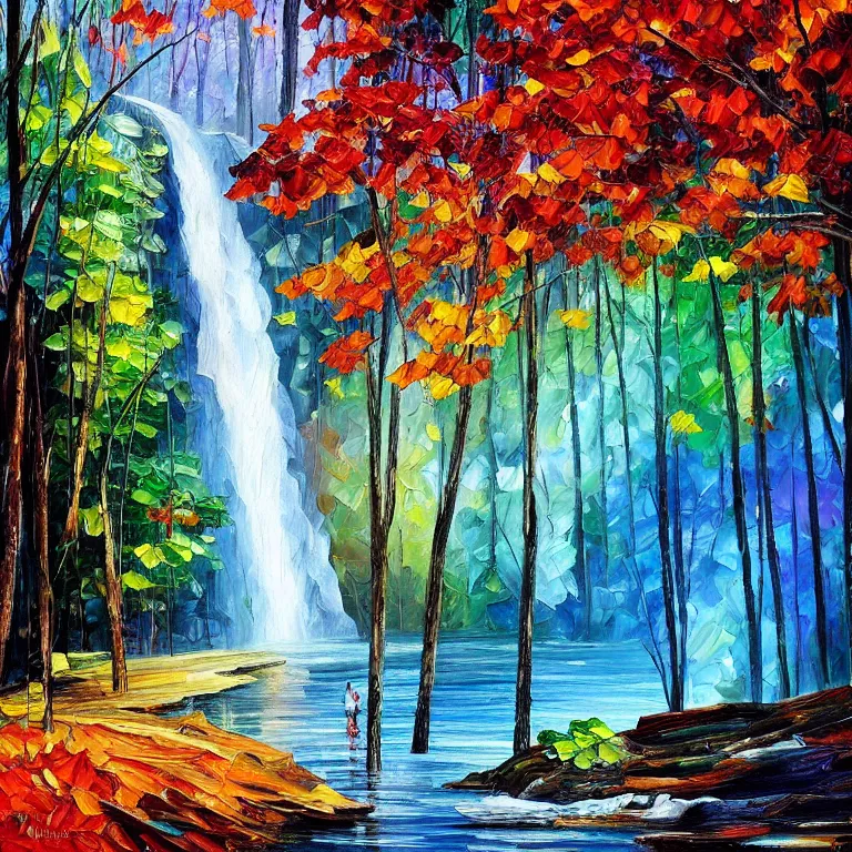 Image similar to A beautiful oil painting of a very tall waterfall on a very rocky cliff, in the middle of a huge forest of trees with bright blue glowing leaves, by Afremov