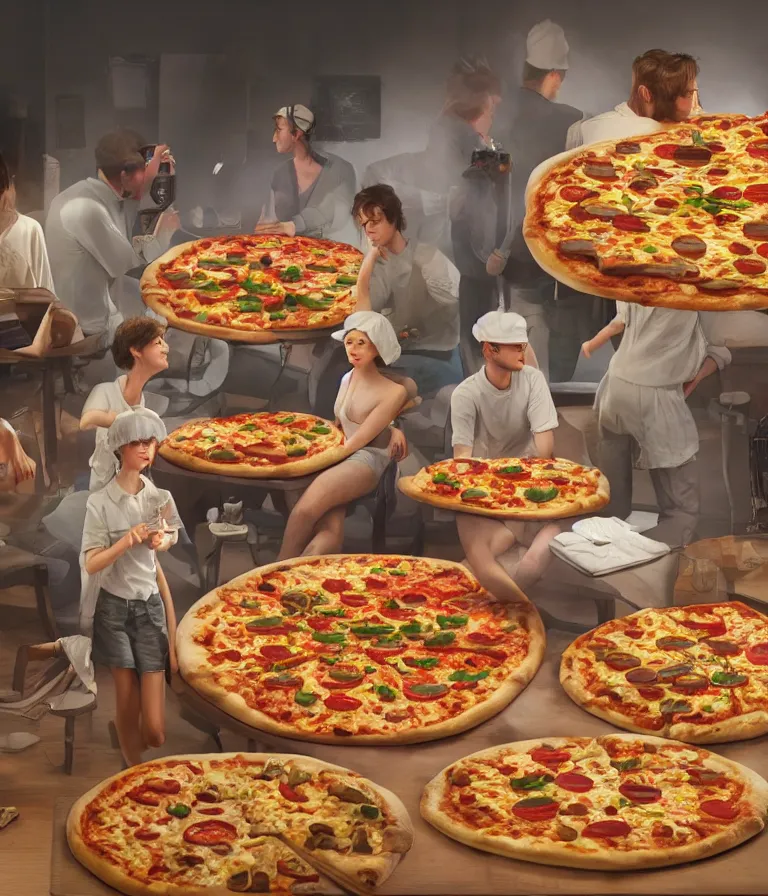 Prompt: a beautiful hyperrealistic detailed 3D render of people made of pizza, by Anton Otto Fischer, Atey Ghailan, genzoman, unreal engine, octane render, gigantic, 3D, brilliantly coloured, intricate, ultra wide angle, trending on artstation, embers, smoke, dust, dusk, volumetric lighting, HDR, polished, micro details, ray tracing, 8k,