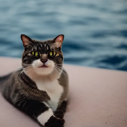 Image similar to a cat laying on an extremely tiny bed in the middle of the ocean, canon eos r 3, f / 1. 4, iso 2 0 0, 1 / 1 6 0 s, 8 k, raw, unedited, symmetrical balance, in - frame