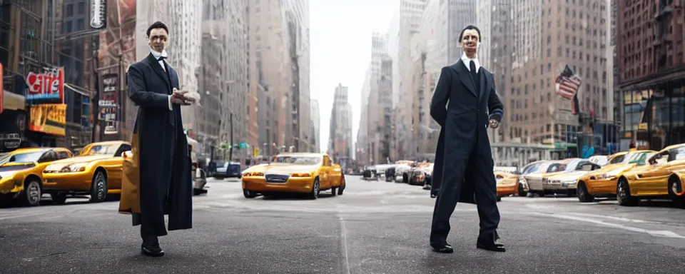 Image similar to nikola tesla in superman costume, walking in new york, hd, realistic, shallow depth of field, daytime, cinematic