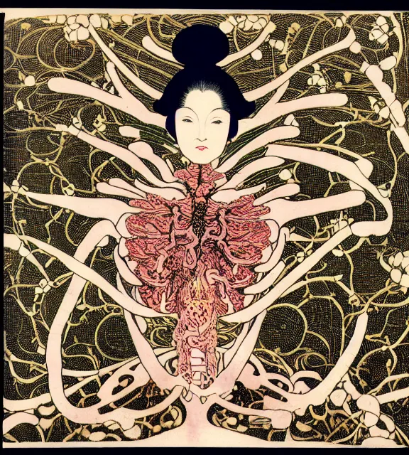 Image similar to still frame from Prometheus, ornate filament gaia sowing in blossoming mycelium gardens, dressed by Neri Oxman and alexander mcqueen, metal couture haute couture editorial by utagawa kuniyoshi by giger