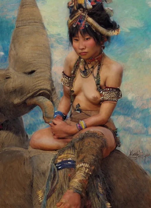 Prompt: portrait of the tribal ethnic asian female, sitting on top of a war elephante poses by gaston bussiere, anna nikonova aka newmilky, greg rutkowski, yoji shinkawa, yoshitaka amano, tsutomu niehi, impressionism, monet,