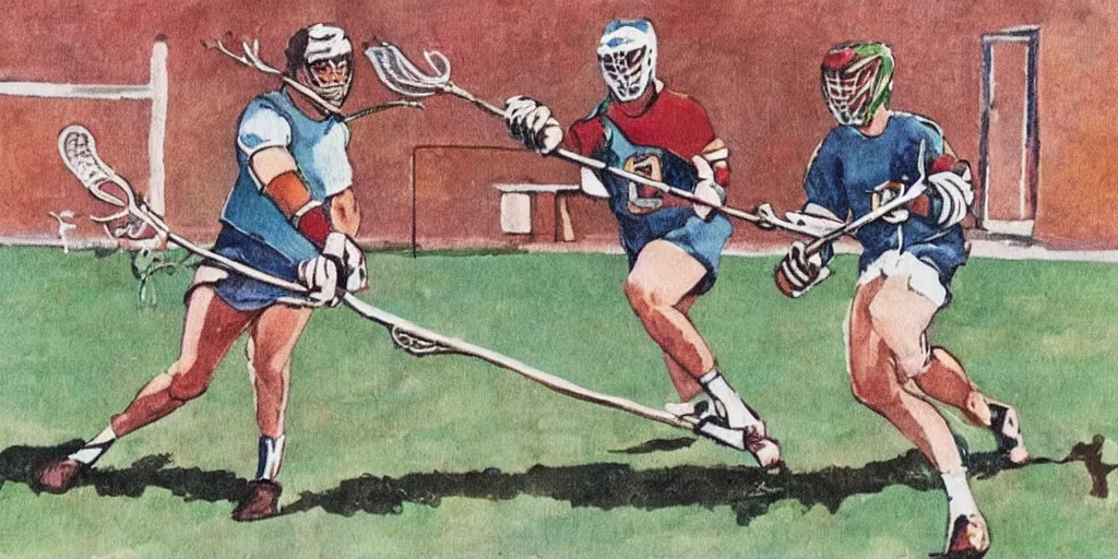 Prompt: lacrosse stick in the style of a 1 9 7 0's illustration