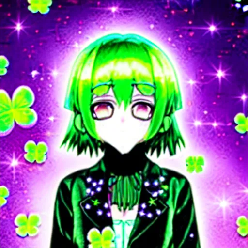 Image similar to a hologram of moe styled green haired yotsuba koiwai with an anonymous mask, wearing a gothic lolita decora spiked jacket, background full of lucky clovers and shinning stars, holography, irridescent