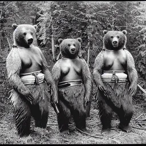 Image similar to “ a group of grizzly bears wearing full samurai armour in the forest, 1 9 0 0 ’ s photo ”