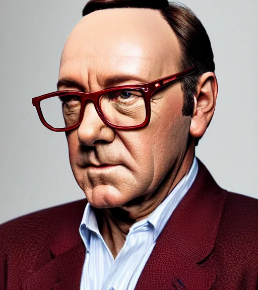 Prompt: detailed attractive characther portrait of kevin spacey wearing oversized red blazer cow hair jacket and wearing glasses, realistic, wide angle, dramatic light 8 k