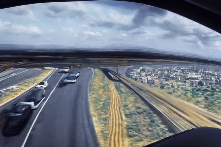 Image similar to a high-detailed picture from the inside of a driving autonomous car without people driving in a city, 8k, photo-realistic