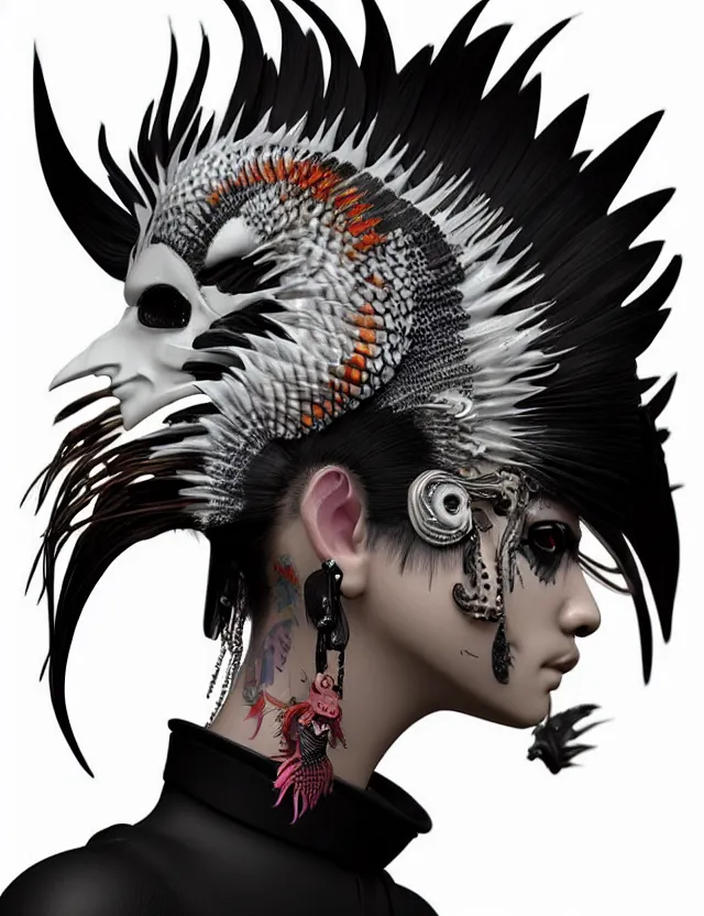 Image similar to 3 d goddess close - up profile simple portrait punk with mohawk with goat skull. beautiful intricately detailed japanese crow kitsune mask and clasical japanese kimono. betta fish, jellyfish phoenix, bio luminescent, plasma, ice, water, wind, creature, artwork by tooth wu and wlop and beeple and greg rutkowski