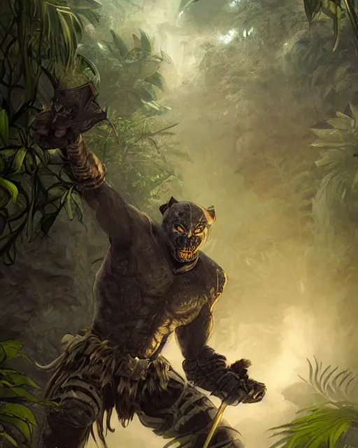 Prompt: Panther warrior in armor sneaking in jungle, portrait, magic the gathering artwork, D&D, fantasy, cinematic lighting, centered, symmetrical, highly detailed, digital painting, artstation, concept art, smooth, sharp focus, illustration, volumetric lighting, epic Composition, 8k, art by Akihiko Yoshida and Greg Rutkowski and Craig Mullins, oil painting, cgsociety