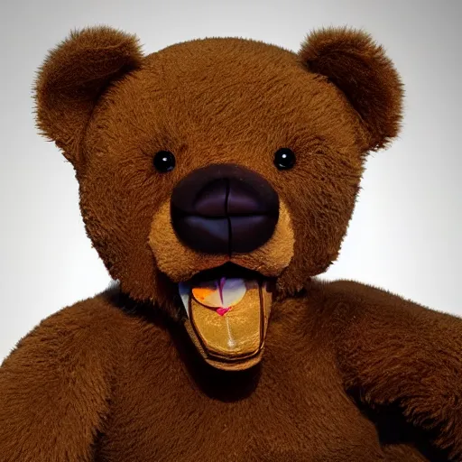 Image similar to teddy bear puking from mouth, photorealistic